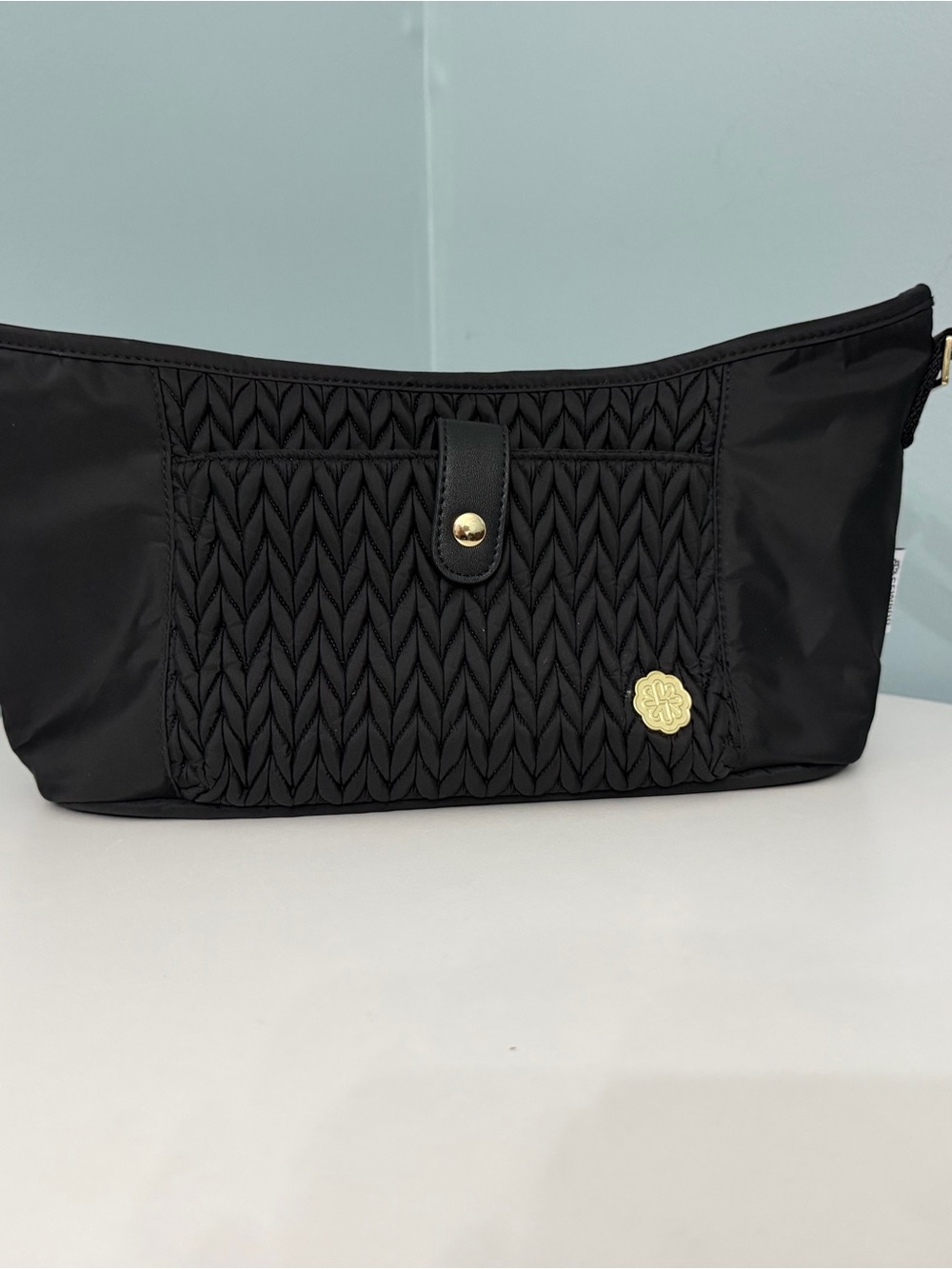 Black Quilted stroller caddy Women’s Cosmetic Pouch with Gold Accent